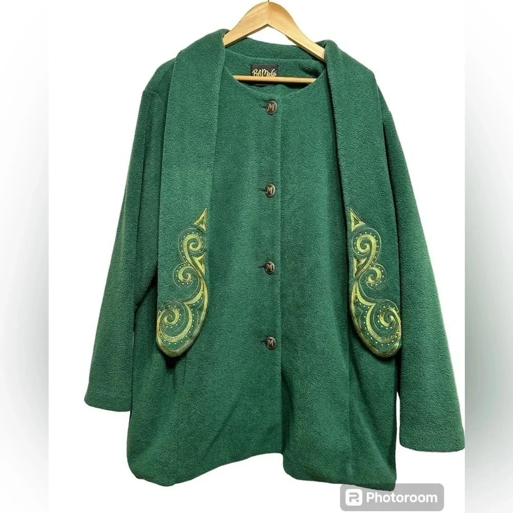 Vintage Bob Mackie Green Fleece Coat Attached Sca… - image 2